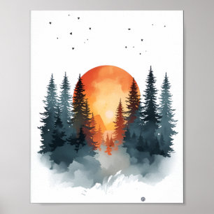 Minimalistische schneebedeckte Kiefernwald-Sonnenu Poster