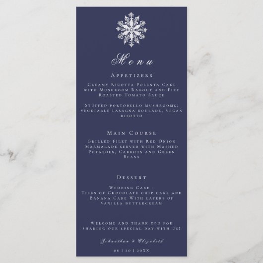 Minimalistische Schneeflocke | Blue Wedding Menu Menükarte (Vorderseite)