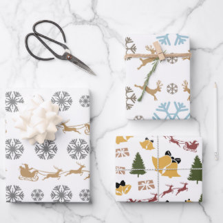 Minimalistische Schneeflocken, Hirsche, Bäume und  Geschenkpapier Set