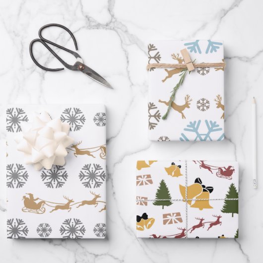 Minimalistische Schneeflocken, Hirsche, Bäume und  Geschenkpapier Set (Vorderseite)