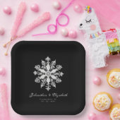 Minimalistische Schneeflocken-Hochzeit | Schwarz Pappteller (Party)