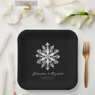 Minimalistische Schneeflocken-Hochzeit Schwarz Pappteller