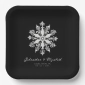 Minimalistische Schneeflocken-Hochzeit | Schwarz Pappteller (Vorderseite)