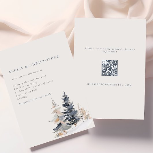 Minimalistische Schneewinterbäume QR-Hochzeit Einladung