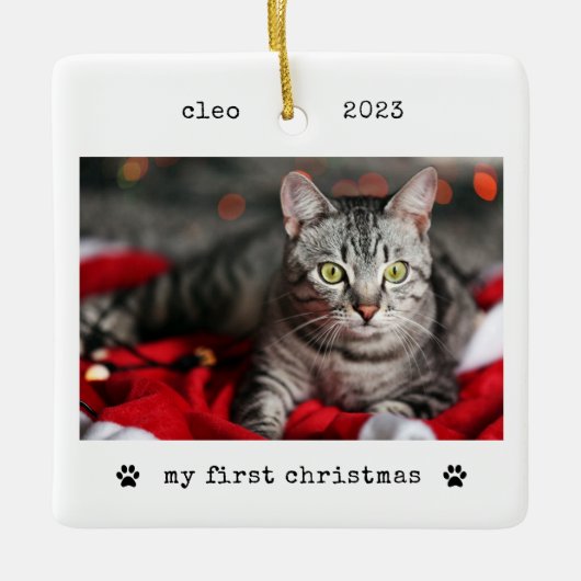 Minimalistische Schreibmaschine Cat's First Christ Keramikornament (Vorderseite)