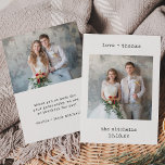 Minimalistische Schreibmaschine | Zwei Fotos Einfa Dankeskarte<br><div class="desc">Diese einfachen und minimalistischen Dankeschön-Karten enthalten zwei Ihrer Lieblings-Hochzeit-Fotos,  zusammen mit Ihren Namen und den Worten "Liebe   Dank" in schwarz Schreibmaschine Look Text. Die Rückseite der Karte bietet auch Platz für eine persönliche Danksagung an Ihre Gäste.</div>