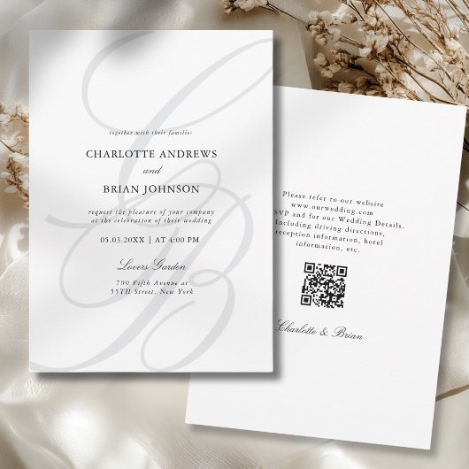 Minimalistische Schrift Monogramm QR-Code Hochzeit Einladung