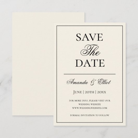 Minimalistische Schwarz-Beige-Script-Hochzeit Save The Date (Vorne/Hinten)