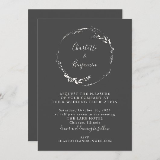 Minimalistische Schwarz-Flora-Kranz-Hochzeit Einladung (Vorne/Hinten)