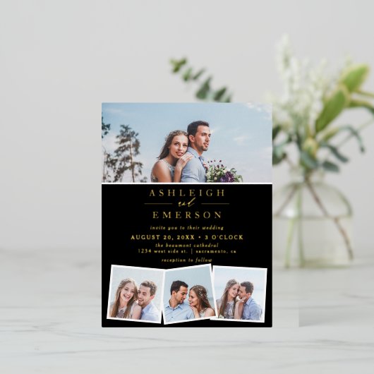 Minimalistische Schwarz-Foto-Collage Hochzeit Folie Einladungspostkarte (Stehend vorne)
