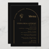 Minimalistische Schwarz-Gold-Arch-Wildblume Menükarte (Vorne/Hinten)