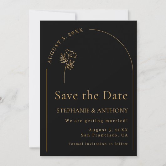Minimalistische Schwarz-Gold-Arch-Wildblume Save The Date (Vorderseite)