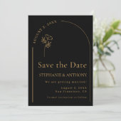Minimalistische Schwarz-Gold-Arch-Wildblume Save The Date (Stehend Vorderseite)