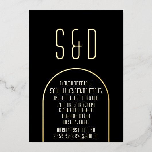 Minimalistische Schwarz-Golden-Arch-Hochzeit Folieneinladung (Vorderseite)