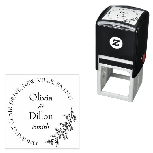Minimalistische Schwarz-Leaf-Wraath-Script-Hochzei Permastempel (Beispiel)