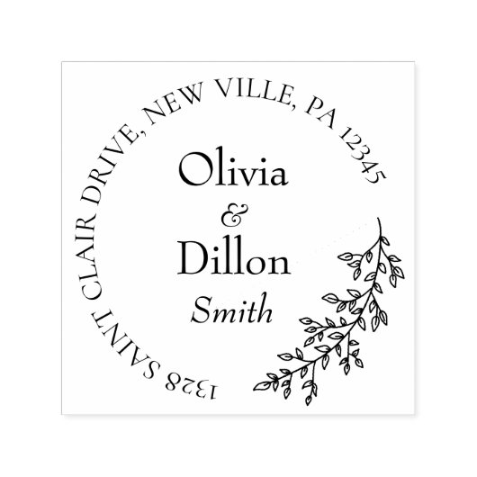 Minimalistische Schwarz-Leaf-Wraath-Script-Hochzei Permastempel (Design)