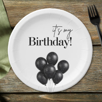 Minimalistische Schwarz-Weiß-Ballon-Geburtstagsfei Pappteller