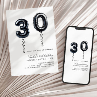 Minimalistische Schwarz-Weiß-Ballons 30. Geburtsta Einladung