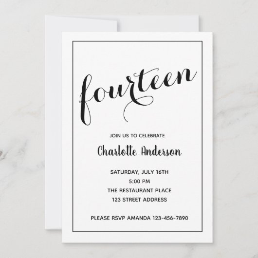 Minimalistische Schwarz-Weiß-Einladung zum 14. Geb Einladung (Vorderseite)