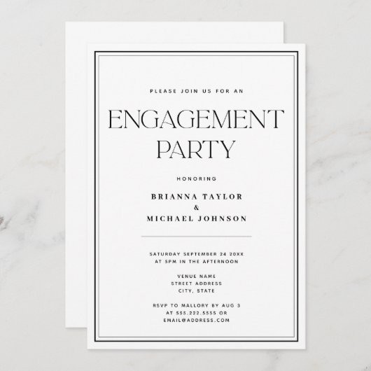 Minimalistische Schwarz/Weiß-Engagement-Partei Einladung (Vorne/Hinten)