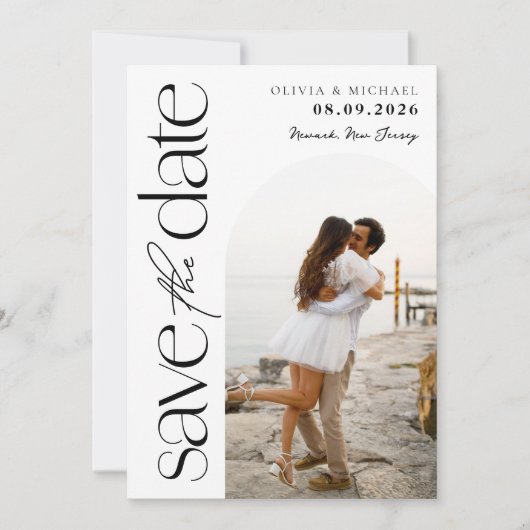 Minimalistische Schwarz-Weiß-Foto-Hochzeit Save The Date (Vorderseite)