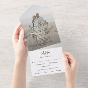 Minimalistische Schwarz-Weiß-Foto-Moderne Hochzeit All In One Einladung