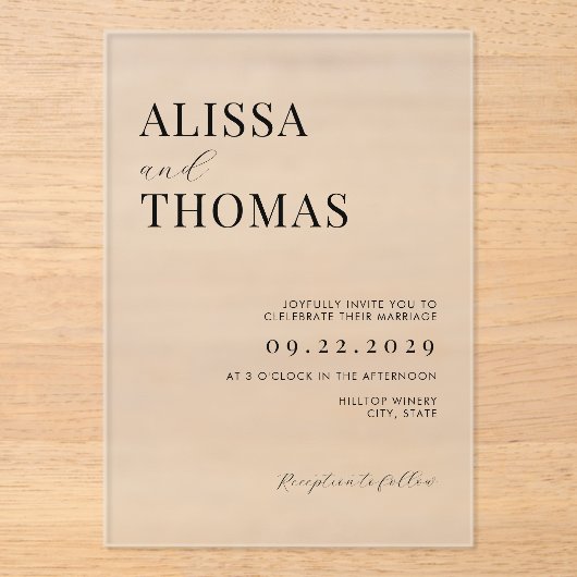 Minimalistische Schwarz-Weiß-Hochzeit Acryleinladungen (Vorderseite)