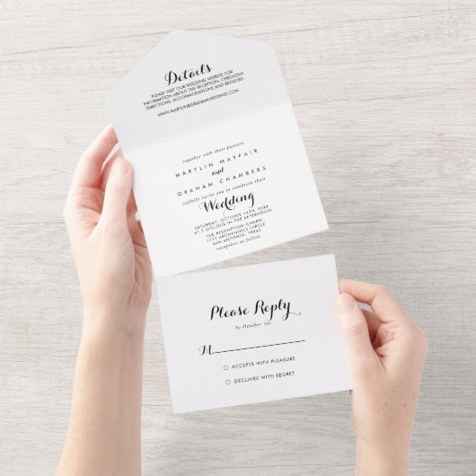 Minimalistische Schwarz-Weiß-Hochzeit All In One Einladung (Abreißen)