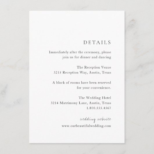 Minimalistische Schwarz-Weiß-Hochzeit Begleitkarte (Vorderseite)