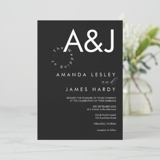 Minimalistische Schwarz-Weiß-Hochzeit Einladung (Stehend Vorderseite)