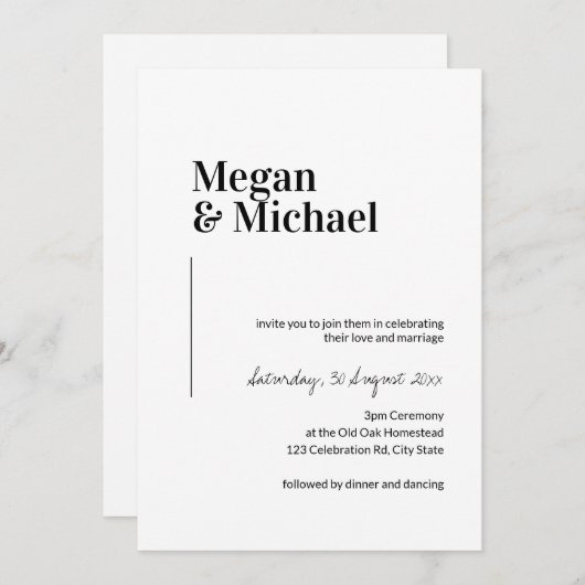Minimalistische Schwarz-Weiß-Hochzeit Einladung (Vorne/Hinten)
