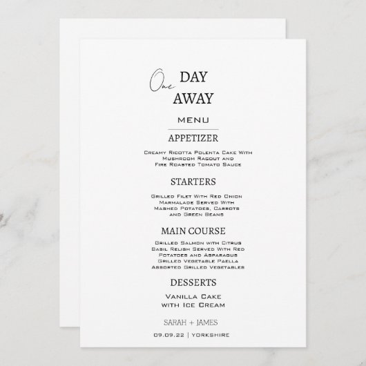 Minimalistische Schwarz/Weiß-Hochzeit Menükarte (Vorne/Hinten)