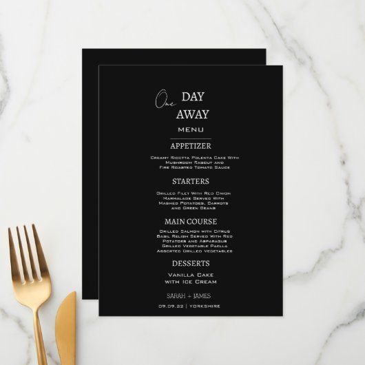 Minimalistische Schwarz/Weiß-Hochzeit Menükarte (Vorderseite/Rückseite Beispiel)