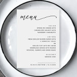 Minimalistische Schwarz-Weiß-Hochzeit | Moderne Sc Menükarte<br><div class="desc">Dieses minimalistische Hochzeitsmenü bietet einen weißen Hintergrund mit modernem, schwarzem Drehbuch für die Kopfzeile und feine Sans Serif-Schriftart für die Essensdetails. Diese Karte zeigt jeden Platz in einem übersichtlichen, eleganten Layout und fügt jedem Empfang eine stilvolle Touch hinzu. Vollständig anpassbar mit Ihren Namen, Hochzeitsdatum und Abendessen Auswahl. Es ist ideal...</div>