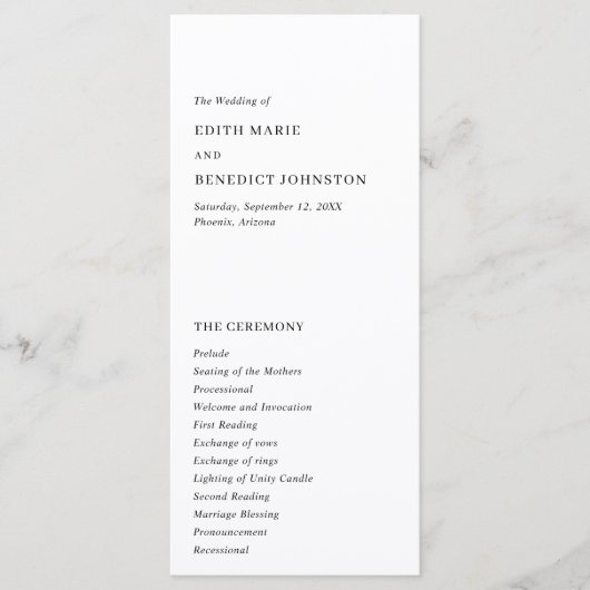 Minimalistische Schwarz-Weiß-Hochzeit Programm (Vorderseite)