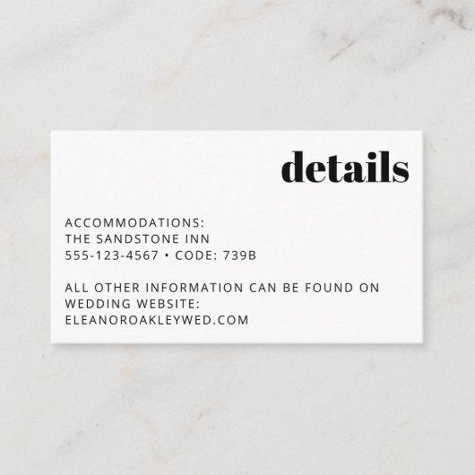 Minimalistische Schwarz-Weiß-Hochzeitsdetails Begleitkarte (Vorderseite)