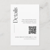 Minimalistische Schwarz-Weiß-Hochzeitsdetails Qr-C Begleitkarte (Vorderseite)