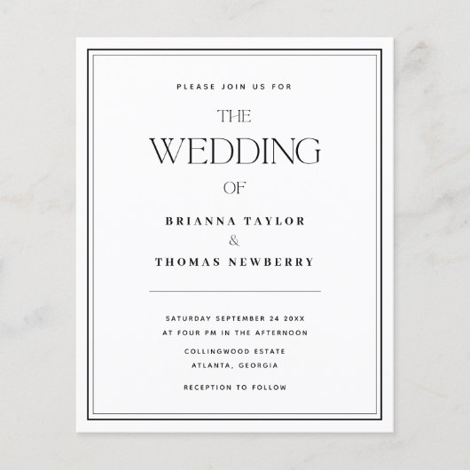 Minimalistische Schwarz-Weiß-Hochzeitseinladung (Vorderseite)