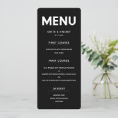 Minimalistische Schwarz-Weiß-Hochzeitskarte Menükarte (Stehend Vorderseite)