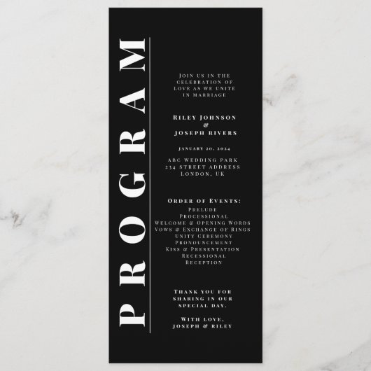 Minimalistische Schwarz-Weiß-Hochzeitsprogramme Programm (Vorderseite)
