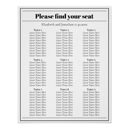 Minimalistische Schwarz-Weiß-Hochzeitstabelle Poster (Vorderseite)