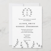 Minimalistische Schwarz-Weiß-Kraut-Monogramm-Hochz Einladung (Vorderseite)