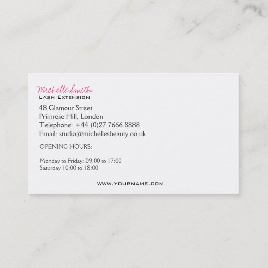 Minimalistische Schwarz-Weiß-Lash-Erweiterung Visitenkarte (Rückseite)