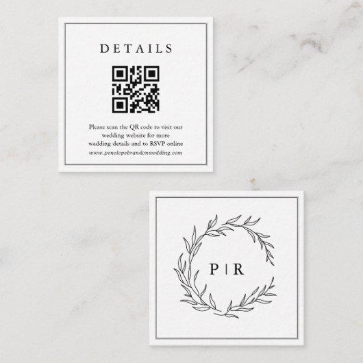 Minimalistische Schwarz-Weiß-Leaf-Hochzeitsdetails Begleitkarte (Vorne/Hinten)