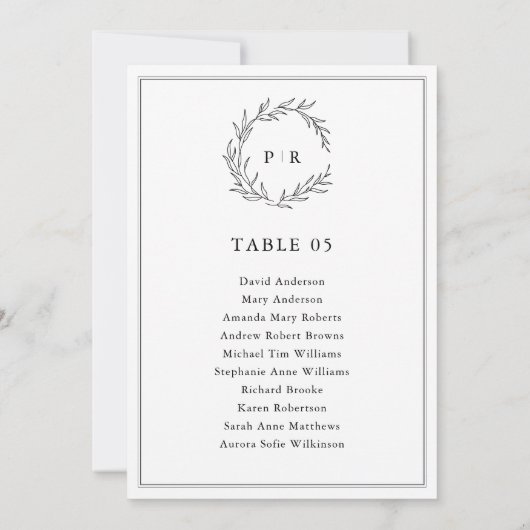 Minimalistische Schwarz-Weiß-Leaf-Sitzkarte Einladung (Rückseite)