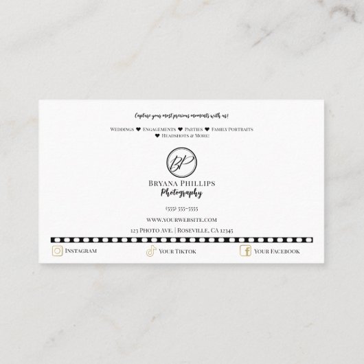 Minimalistische Schwarz-Weiß-Logo-Fotografie Visitenkarte (Rückseite)