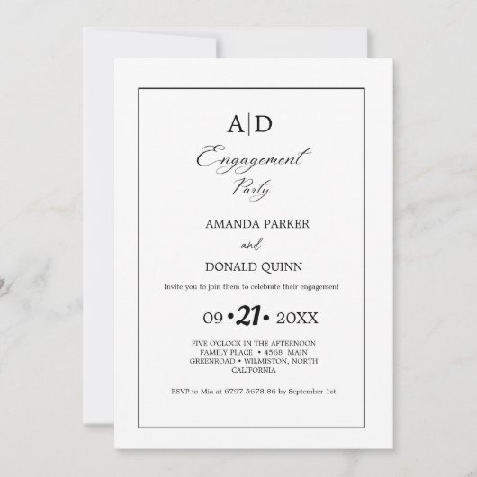 Minimalistische Schwarz-Weiß-Monogram-Engagement-P Einladung (Vorderseite)