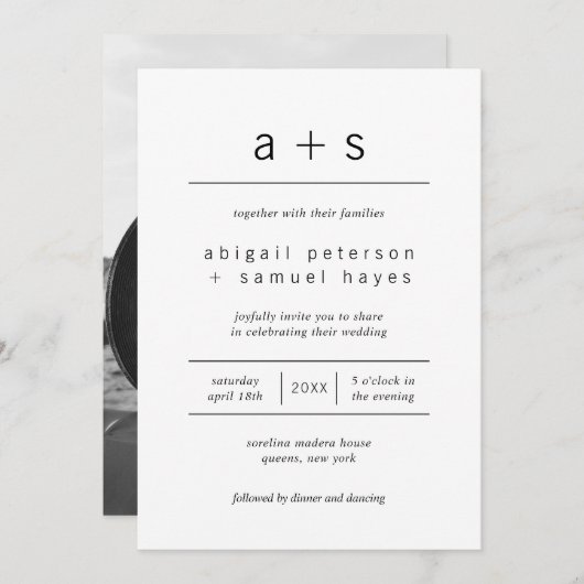 Minimalistische Schwarz-Weiß-Monogramm-Foto-Hochze Einladung (Vorne/Hinten)