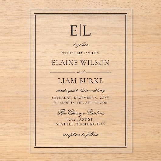 Minimalistische Schwarz-Weiß-Monogramm-Hochzeit Acryleinladungen (Vorderseite)