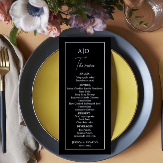 Minimalistische Schwarz-Weiß-Monogramm-Hochzeit Menükarte